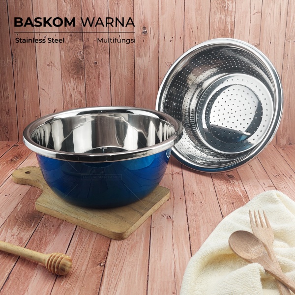 Baskom Warna 26cm 28cm Random Multi Fungsi Cuci Sayur Wadah Makanan Mixing Adonan Stainless