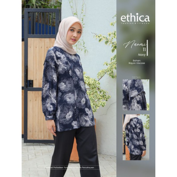 Tunik Premium Naomi 11 Navy by Ethica|Tunik Motif Bunga|Tunik Black|Tunik Kantor|Tunik Muslimah|Tuni