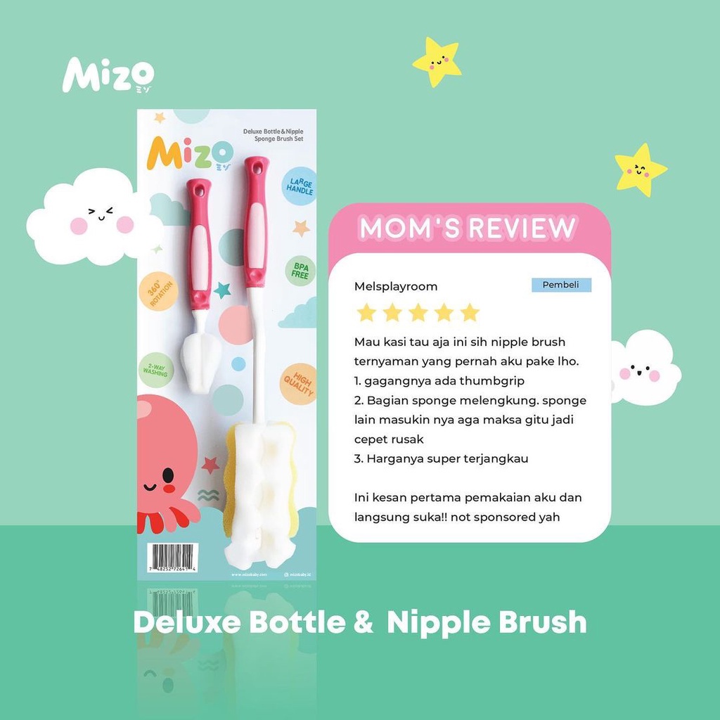 MIZO Deluxe Bottle and Nipple Sponge Brush 1 Set / Mizo Sikat Busa Botol dan Dot Bayi