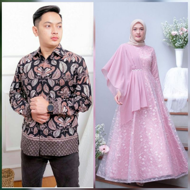 BATIK EXPRESS SOLO Batik Couple Anjela Elena Tulle mutiara kombinasi ceruty payet &amp; kemeja batik