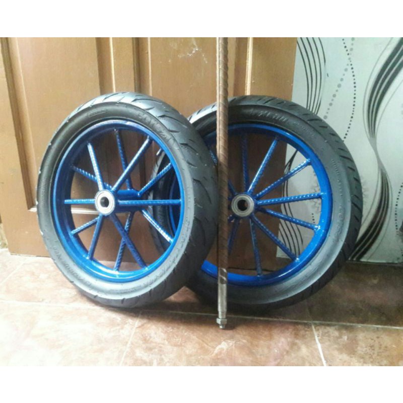 Roda gerobak Dorong Ring 14 ruji 6 gede satu set as roda komplit tinggal pasang