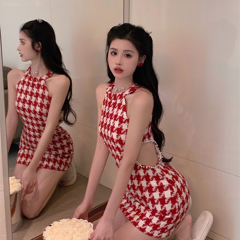 Gaun Mini Berlian Imitasi Hollow Merah Houndstooth Halter Gaun Musim Panas Bahasa Perancis Baru Lehe