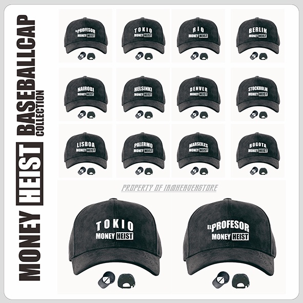 Topi Baseballcap Money Heist Korea Drakor Nama Karakter pemain El Professor Tokio Berlin Nairobi Denver Helsinki Rio Lisboa Bogota Palermo Marseiles Stockholm