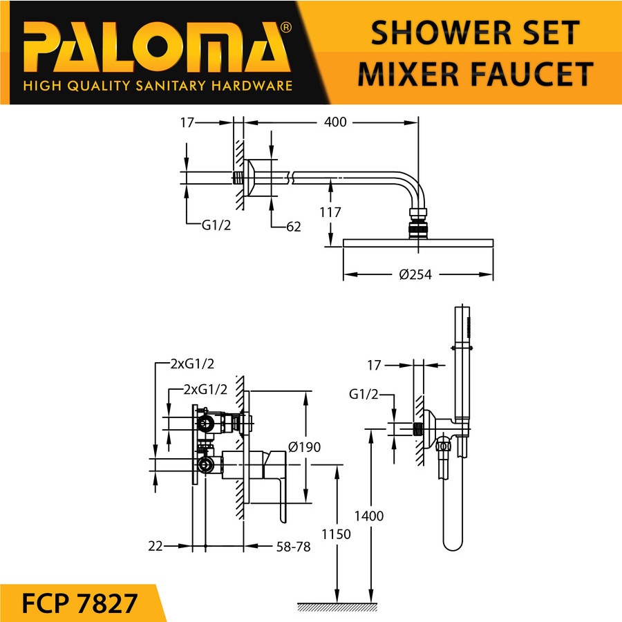 PALOMA FCP 7827 Keran Mixer Shower Tanam Set Dinding Tembok Kran Air Gold