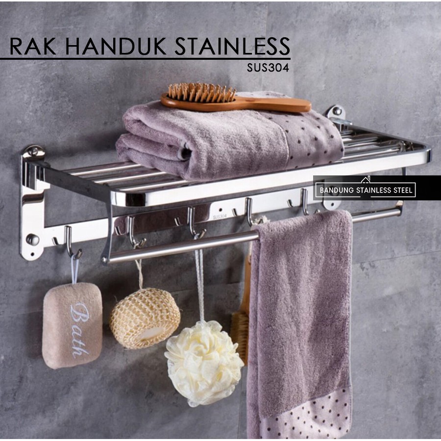 sus 304 Rak tempat handuk lipat stainless steel 5 baris plus kait 918 kamar mandi SILVER Hitam