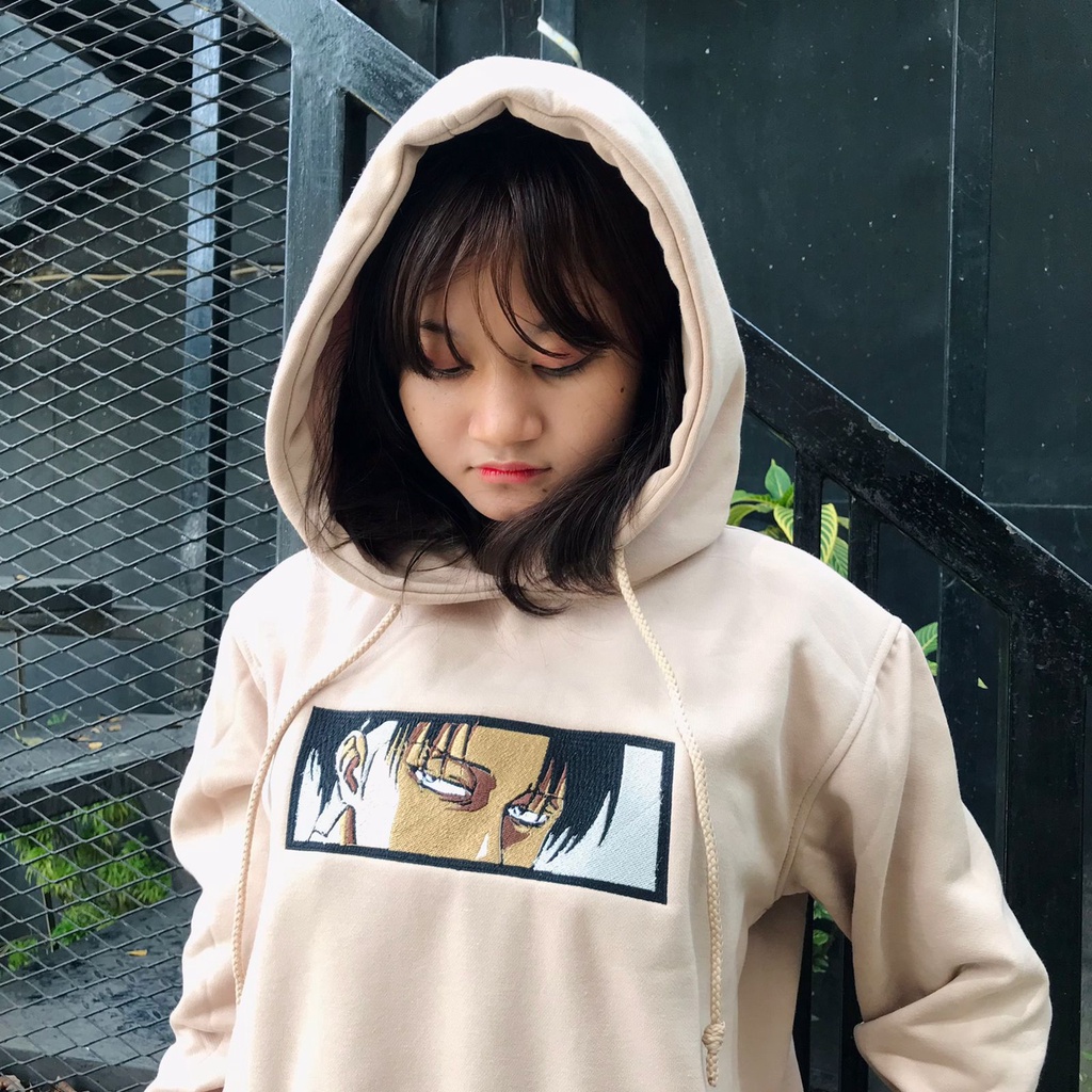 Hoodie Levi Eyes Cream Embroidery Character Anime Manga Attack On Titan SNK Premium Unisex