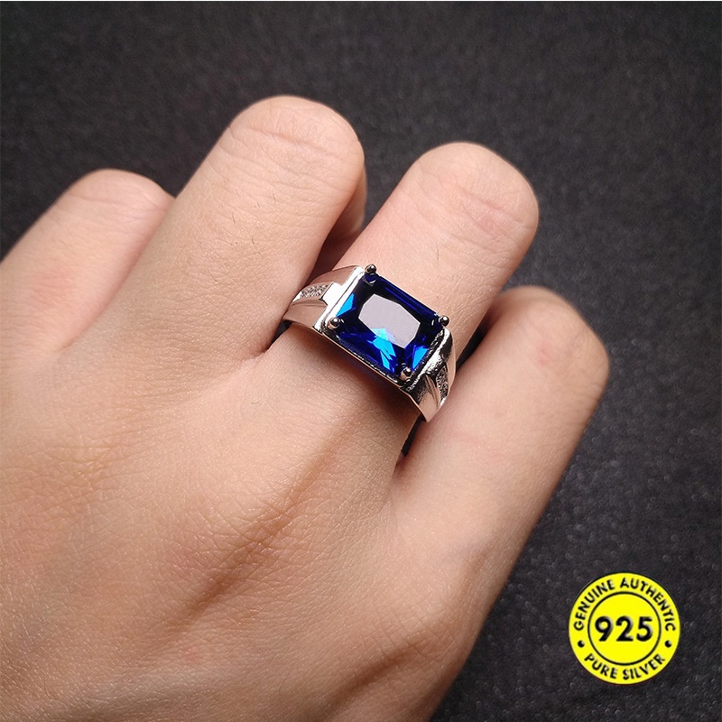 Cincin Model Terbuka Adjustable Bahan S925 Silver Sapphire Untuk Pasangan