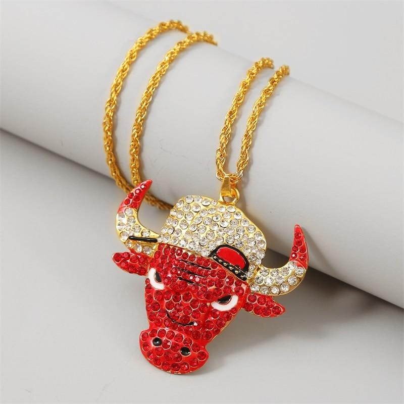 Kalung Rantai Panjang Liontin Banteng Merah Aksen Berlian Imitasi Gaya Hip Hop Untuk Pria / Wanita