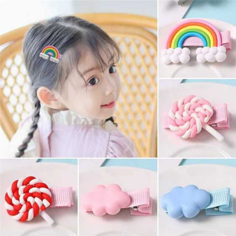 1 Set (3PCS) Jepitan Rambut Rainbow Clay / Aksesoris Rambut Pelangi Anak Lucu