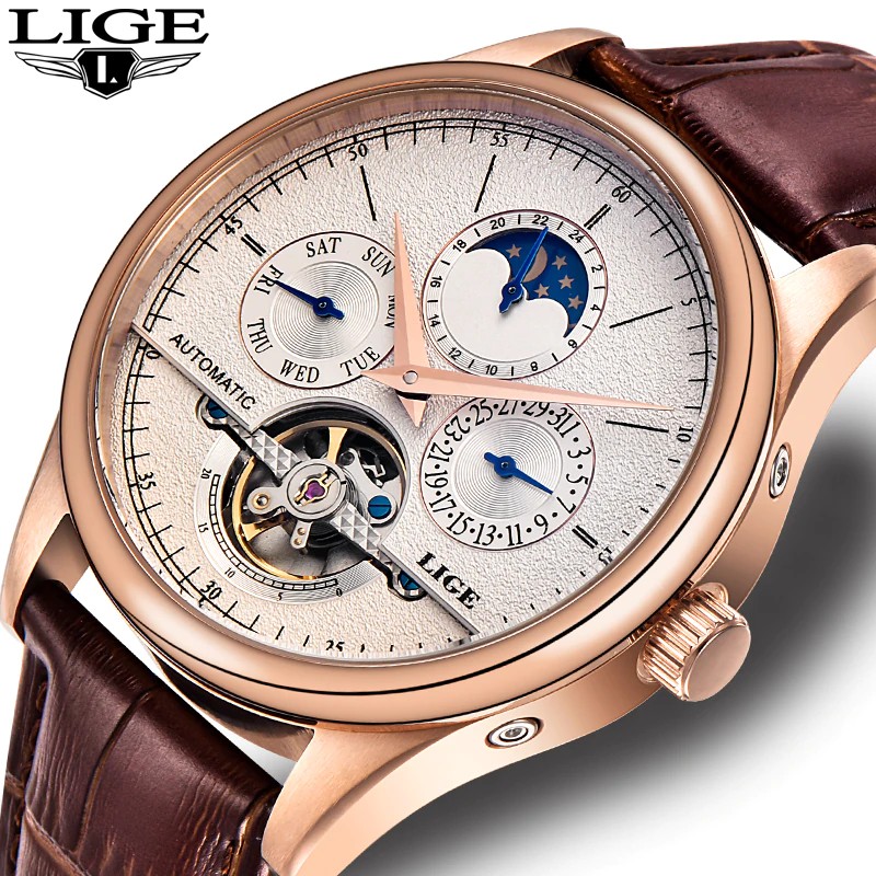 LIGE Brand Men Watches Automatic Mechanical Watch Tourbillon Sport Clock Leather Casual Business
