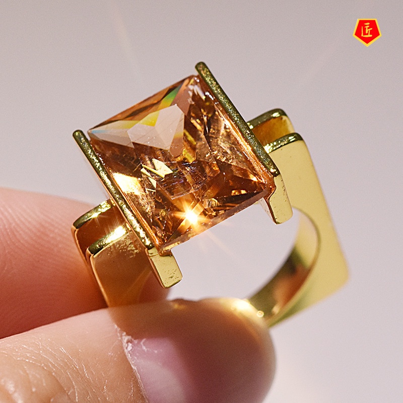 [Ready Stock]Fashion Personality Gold Inlaid Champagne Square Diamond Ring