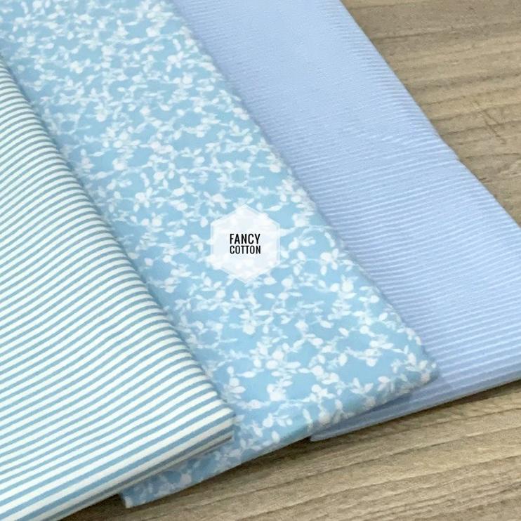 ☉ kain katun jepang motif fancy matching bunga putih biru muda ➺