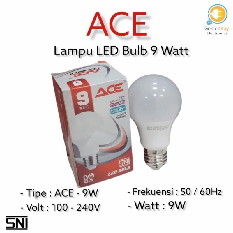 Lampu LED Bulb ACE Putih 9W / 9Watt Putih Garansi E27