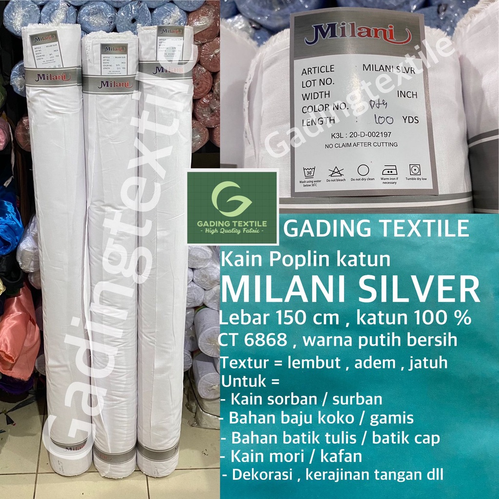 ( per 1 roll ) kain katun poplin putih MILANI SILVER full cotton 100 % bahan surban sorban batik cap tulis baju koko gamis ikhrom ihrom ihram mori kafan dekorasi