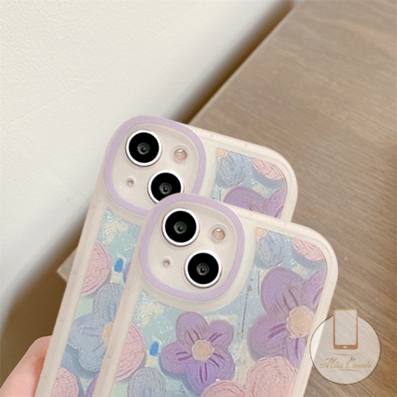 IPHONE Ins Fashion Retro Bunga Ungu Casing Ponsel Kompatibel Untuk Iphone11 7 8 Plus 12 13 11 14 Pro Max X XR XS Max 6 6s SE 2020 Plus Perlindungan Lensa Oval Soft TPU Cover