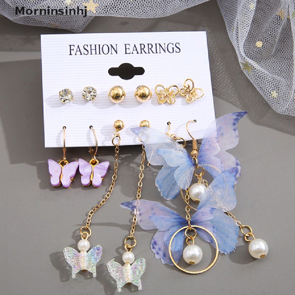 6 Pasang / Set Anting Stud Bentuk Hati Butterfly Aksen Mutiara Warna Emas Untuk Wanita