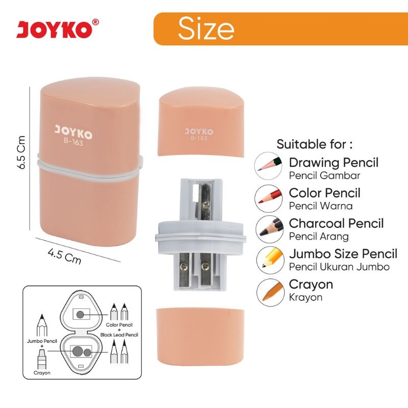 Rautan Serutan Sharpener JOYKO 3 in 1 B-163 Untuk Pensil / Crayon / Jumbo Pensil