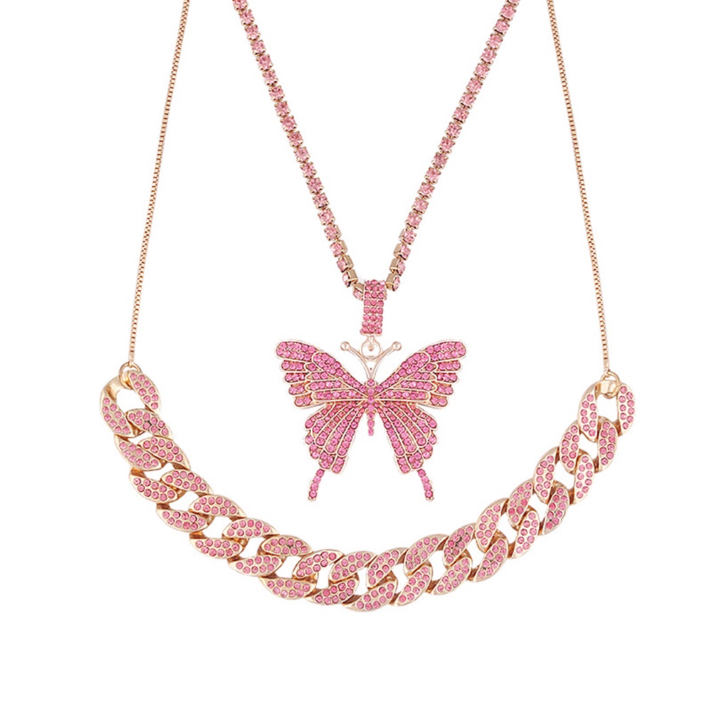 Hu Hu Hu Hu Hu Alat Bantu Pasang Kacamata♡ Kalung Rantai Liontin Kupu-Kupu Berlian Imitasi Dua Lapis Untuk Wanita