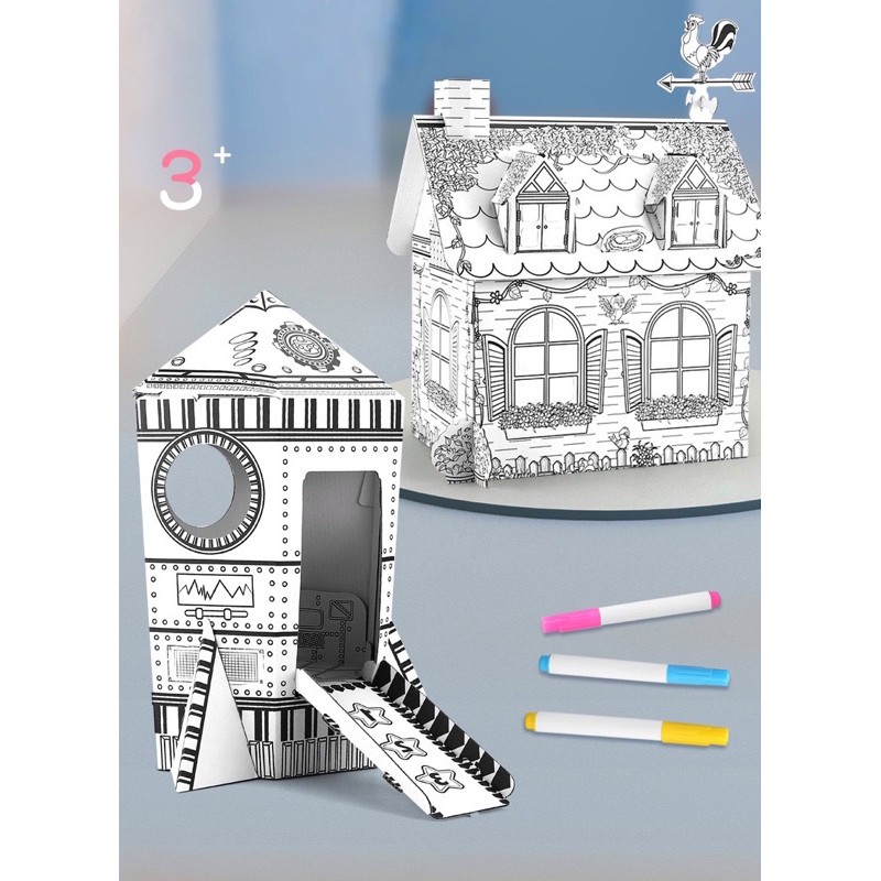 

New ROCKET & FARM HOUSE 3d COLORING FOR KIDS paper craft kardus gambar anak rumah