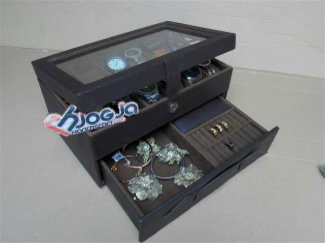 Brown Watch Box For 12 Watches Mix Accesories Drawer