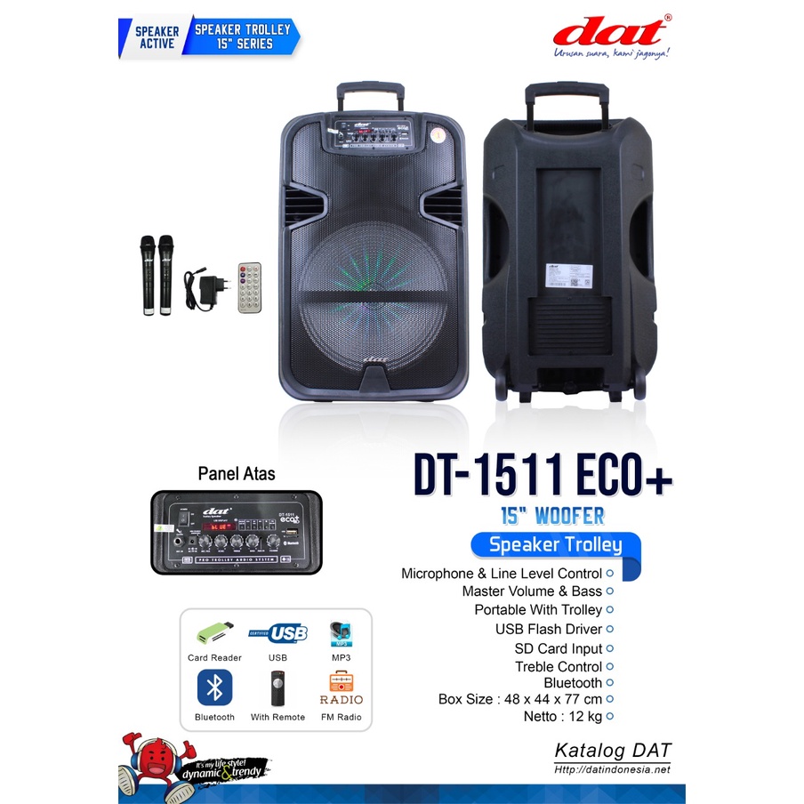 DAT DT 1511 ECOPLUS SPEAKER TROLLEY 15 INCH + 2 MIC WLESS / DT1511ECOPLUS