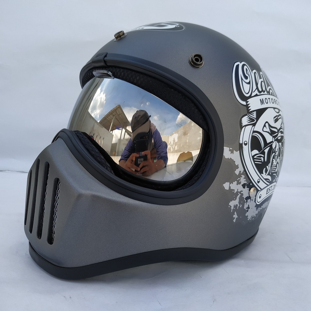 Helm Cakil HBC Old School Grey + Inner Visor Chrome ( Fullface / Retro / Klasik / Vespa )