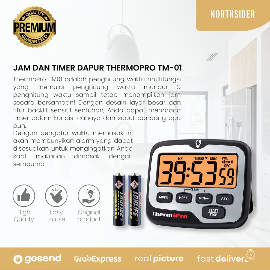 KITCHEN TIMER DAPUR WITH CLOCK MODE BACKLIGHT ALARM | THERMOPRO TM-01