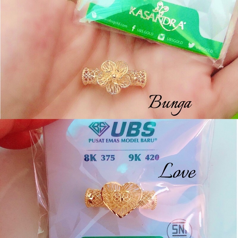 Charm pipa gelang emas bunga mini dan Love UBS (charm saja)