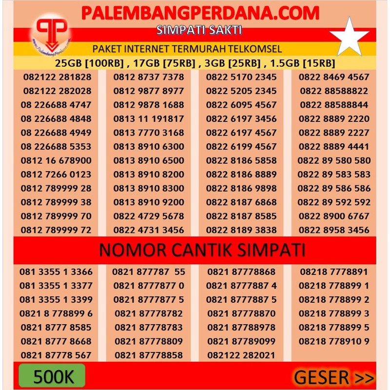 NOMOR CANTIK MURAH Palembangperdana serian.paket internet murah 25gb(100rb),17gb(75rb)
