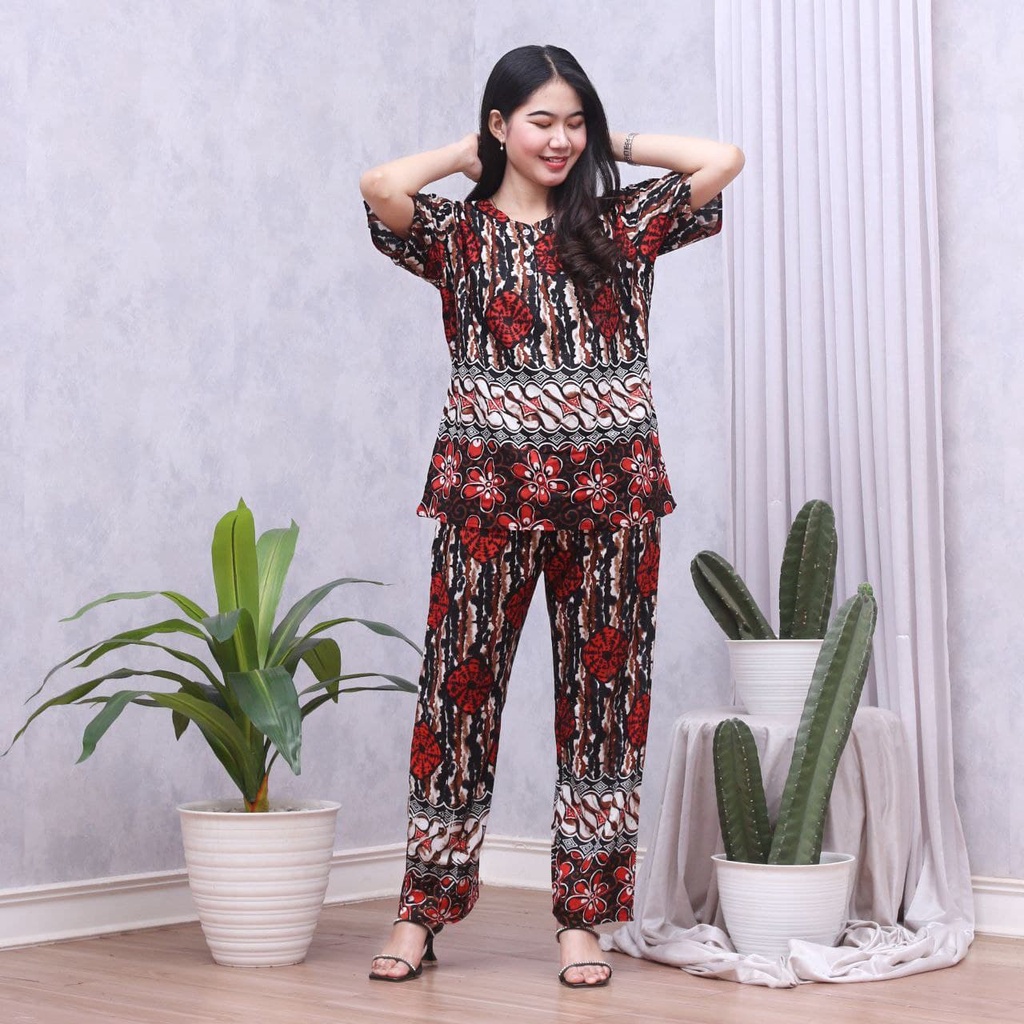Batik Prass - Setelan Baju Tidur Busui Lengan Pendek - Piyama Batik Terbaru - Baju Santai-GLORY ORANGE