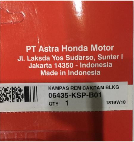 Kampas Rem Cakram Blkg (KSP) Megapro New / Verza / CB150 / CBR150 AHM (Asli Honda)