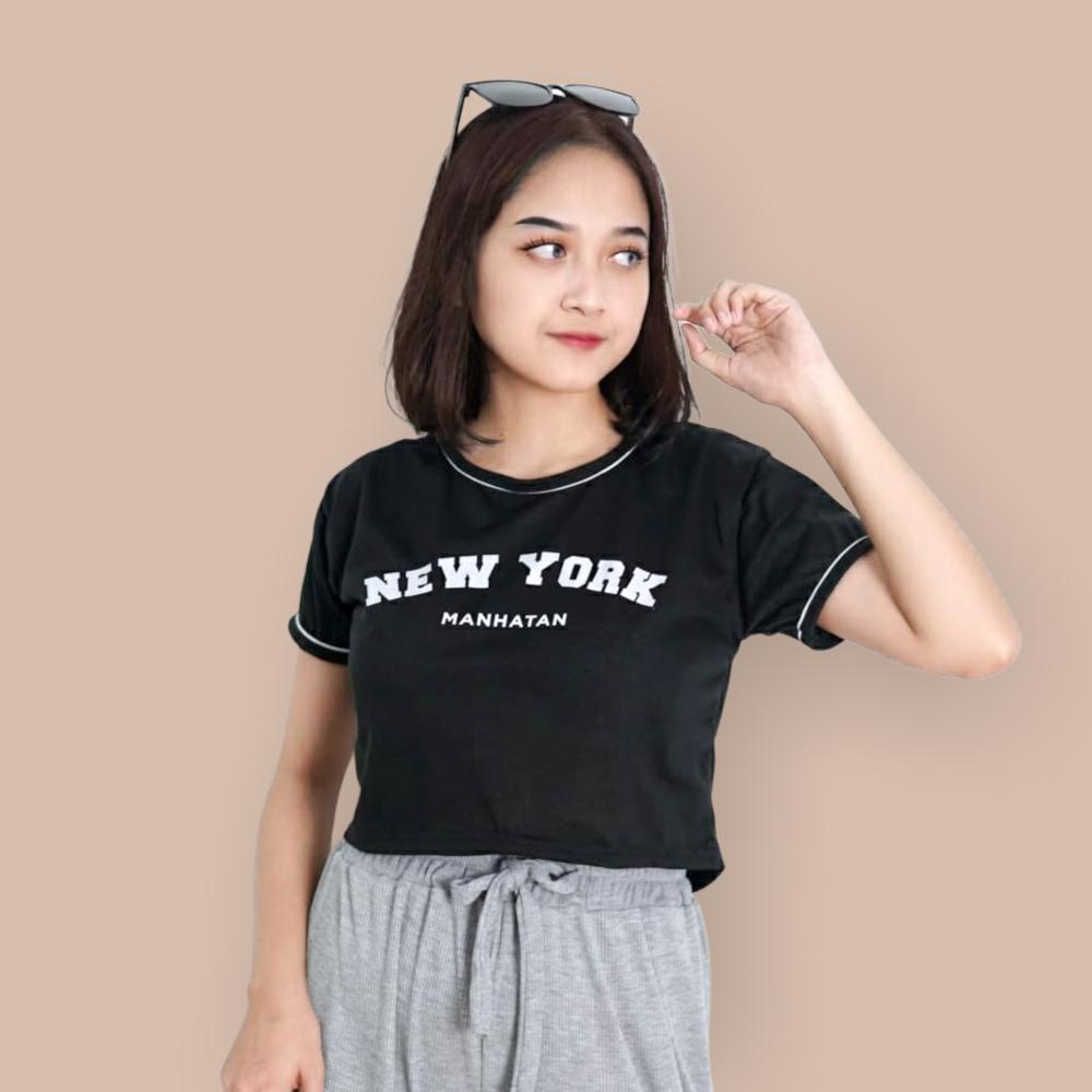 BEFAST - ZFS OOTD Kaos Crop SYANAZ / LIST CROP NEWYORK / Atasan Lengan pendek / Pakaian Wanita Terbaru 2022 / Kaos Crop Kekinian Remaja ABG / Crop Top Motif / Tshirt Casual Wanita / Kaos Santai Rumahan