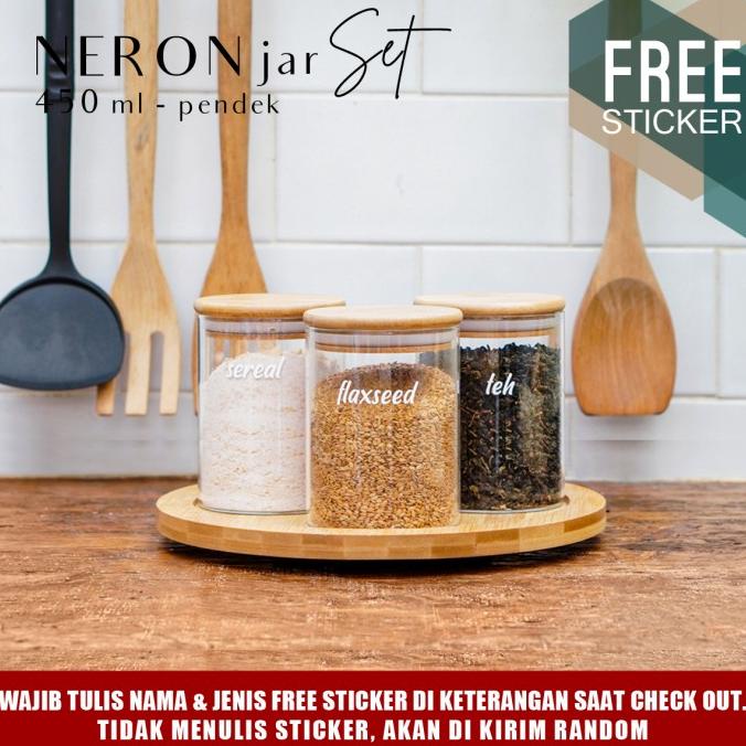Set Paket* Grinn Living Neron Glass Jar 450 ml Toples Kayu Bambu