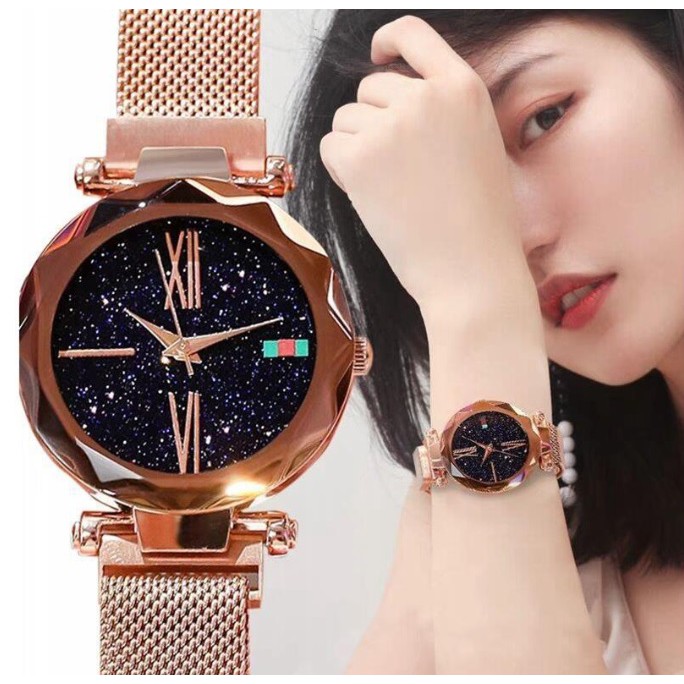 Jam Tangan Wanita Magnet Mesh Strap Quartz Starry Night Sky Stainless Steel Analog Women Watches