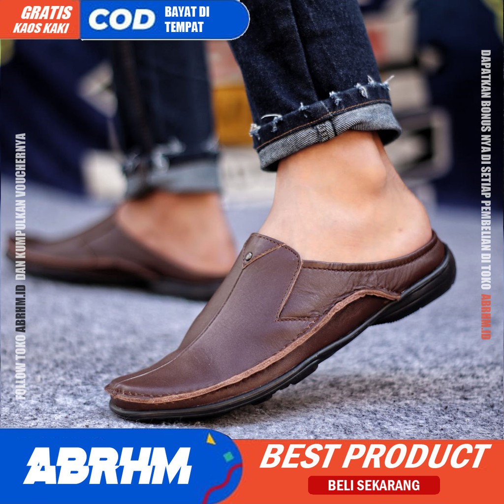 ABRHM x Sandal Slide Pria Sandal Slop Pria Kulit Asli Sendal Selop Cowok / Cowo Ori Keren Kekinian