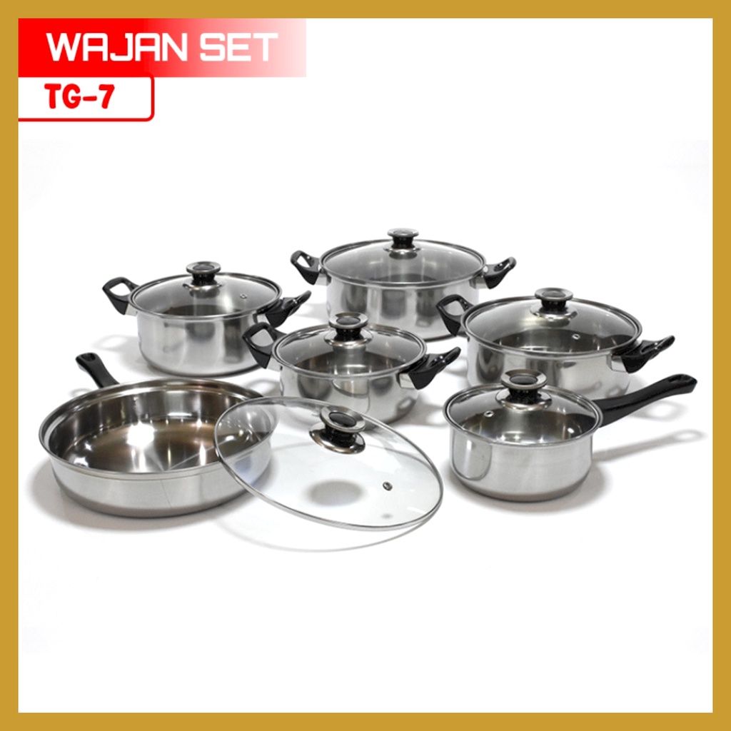 Panci Set 12Pcs Serbaguna Panci Set Stainless Steel Dengan Tutup Kaca TG-7