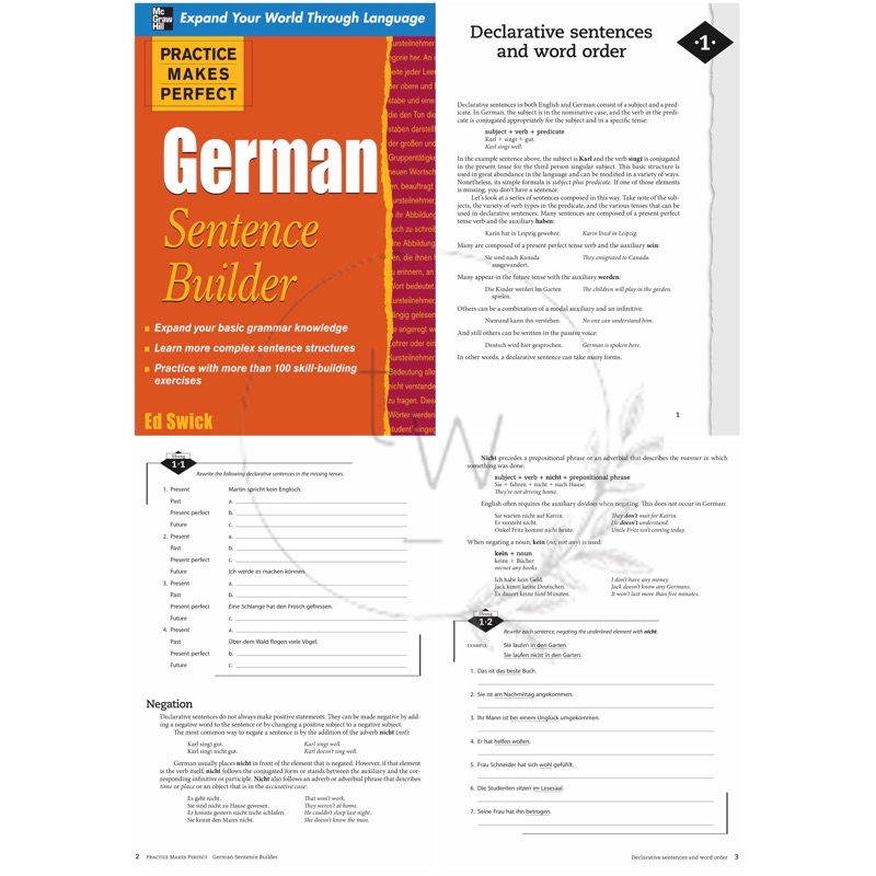 Complete German All in One / Basic German / Verb Tenses / Grammar / Vocabulary / Conversation / Sentence Builder - Practice Makes Perfect | Buku Bahasa Jerman Percakapan-DE Sentence Builder
