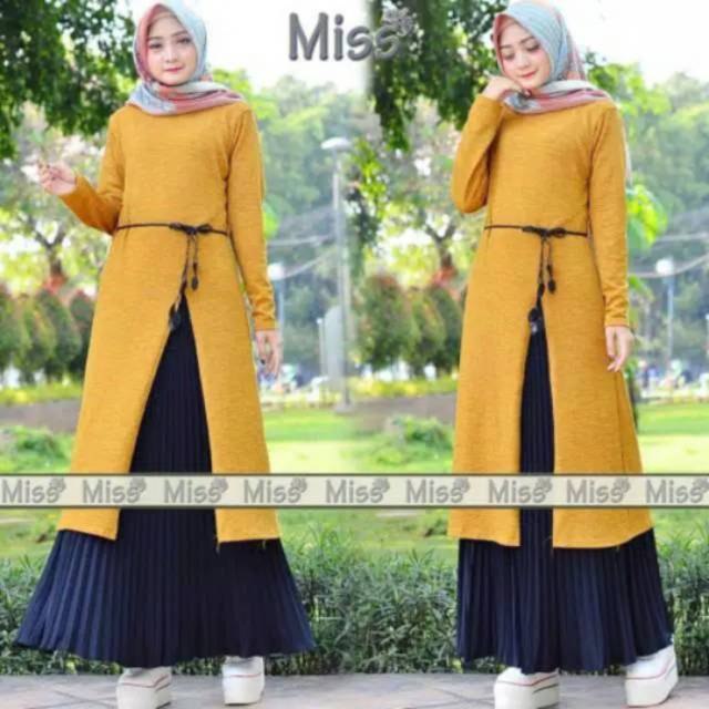 SETELAN TUNIK ROK SET DRESS MUSLIM MUSTARD KUNING ROK PLISKET PREMIUM NAVY