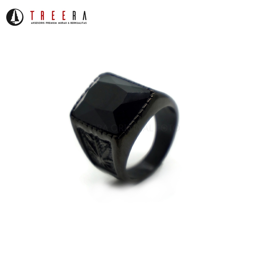 Treera - Cincin Titanium Pria Cowok Hitam Batu Hitam Original