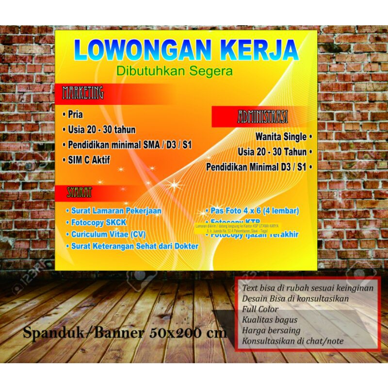 spanduk lowongan kerja, banner lowongan kerja, ukuran 50x200cm