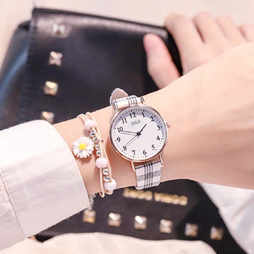 Jam Tangan Analog Wanita Quartz Strap Pu Leather Motif Kotak-Kotak Fashion Wanita Korean Watch