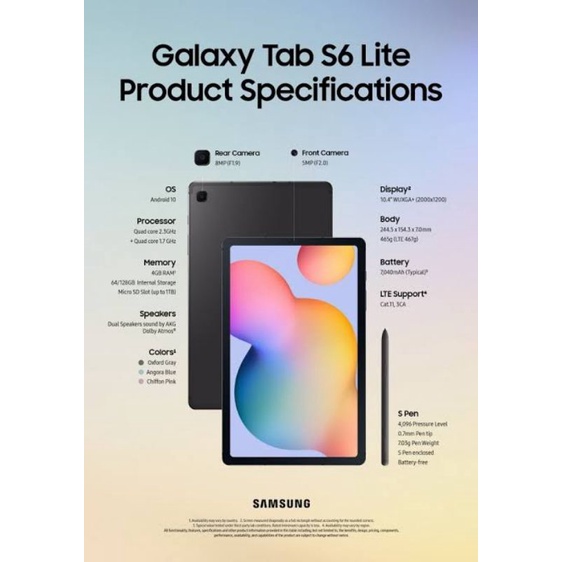 Tablet Tab Samsung S6lite Ram 4 128GB