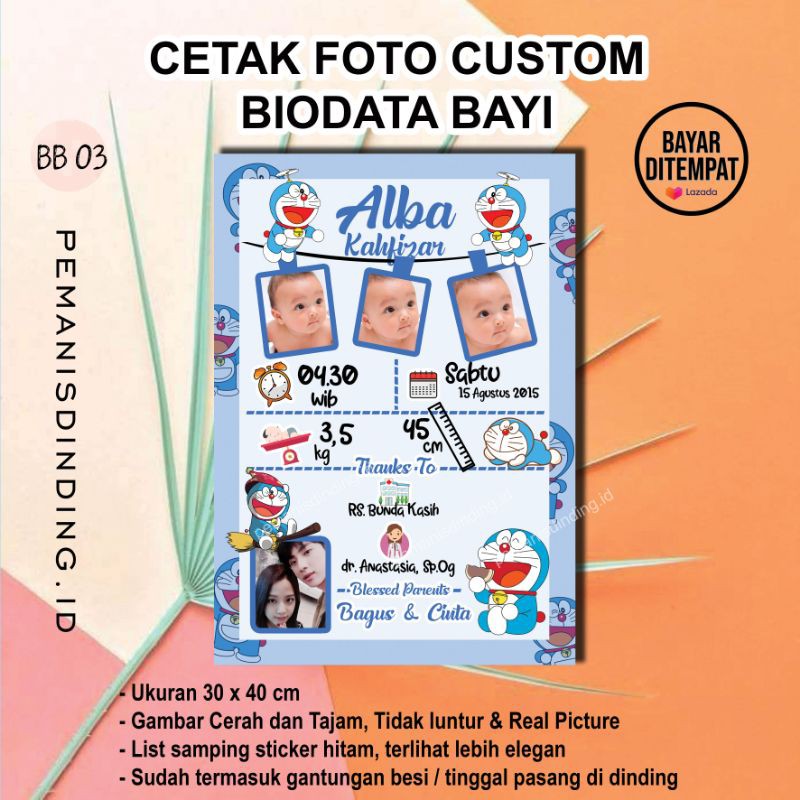 Biodata Bayi Custom Jumbo 40x30 cm Plus Bingkai Kayu MDF