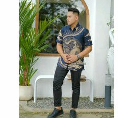 baju batik pria lengan panjang BIRU NAVY KELEM modern ORIGINAL PREMIUM KEKINIAN BATIK SOLO MURAH