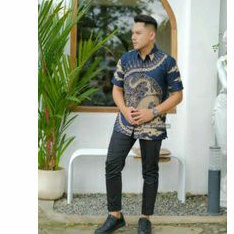 baju batik pria lengan panjang BIRU NAVY KELEM modern ORIGINAL PREMIUM KEKINIAN BATIK SOLO MURAH