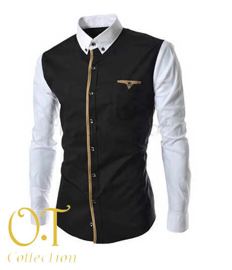 Kemeja pria lengan panjang katun kombi hitam dan putih [Executive Dark XL]