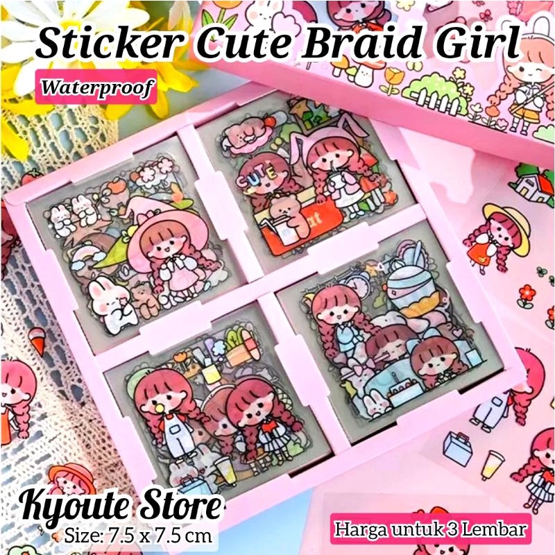 

3 Lembar Sticker Waterproof Cute Braid Girl Chibi Daily Life Journal Diary Scrapbook DIY