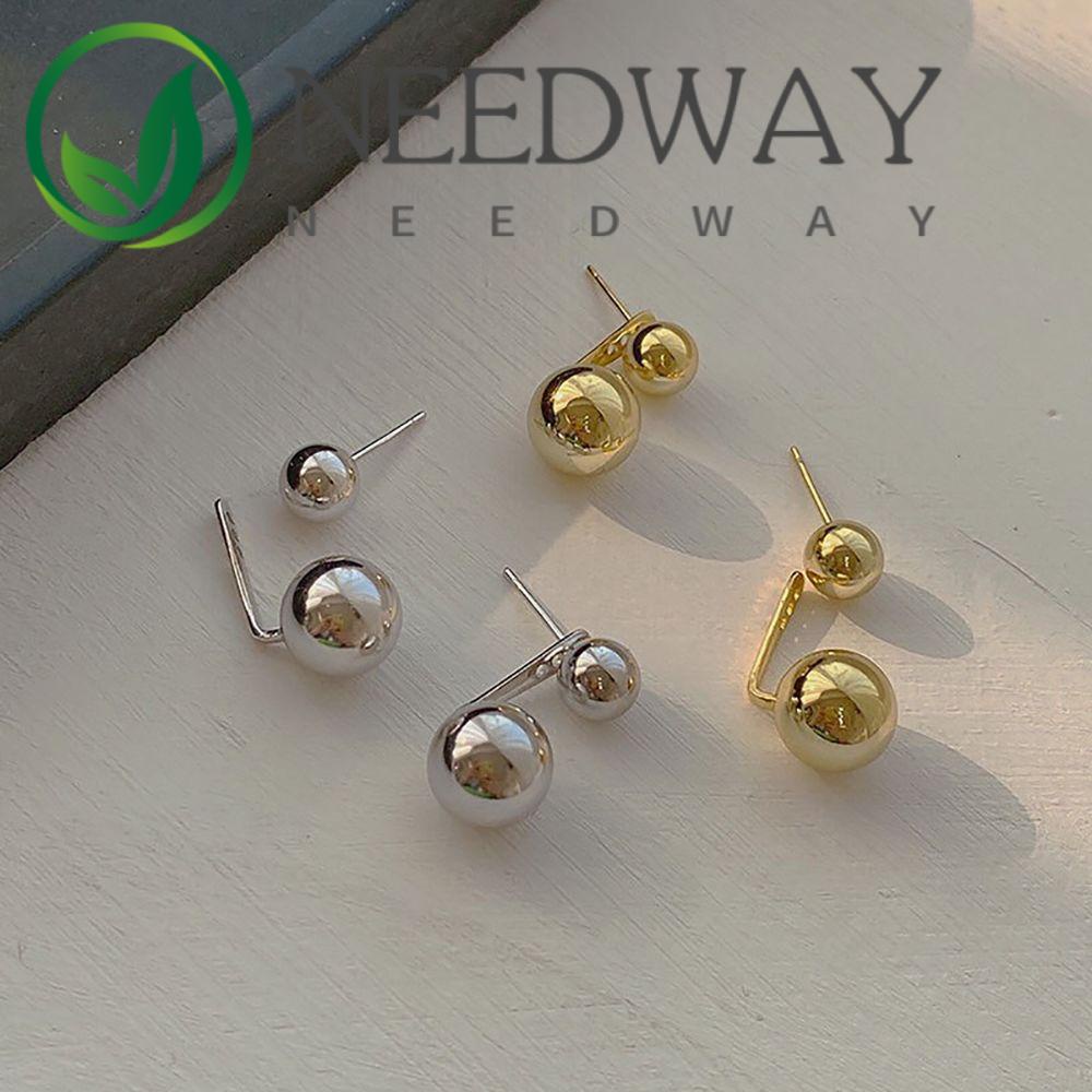 Needway  Elegant Ball Earring Korean Female Earrings Stud Earrings Back Hanging Round Delicate Alloy Girls Double Balls Fashion Jewelry/Multicolor