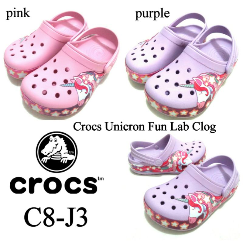 CROCS SANDAL ANAK CEWEK PEREMPUAN TERBARU UNICORN FUN LAB CLOG PINK UNGU SIZE C8-J3