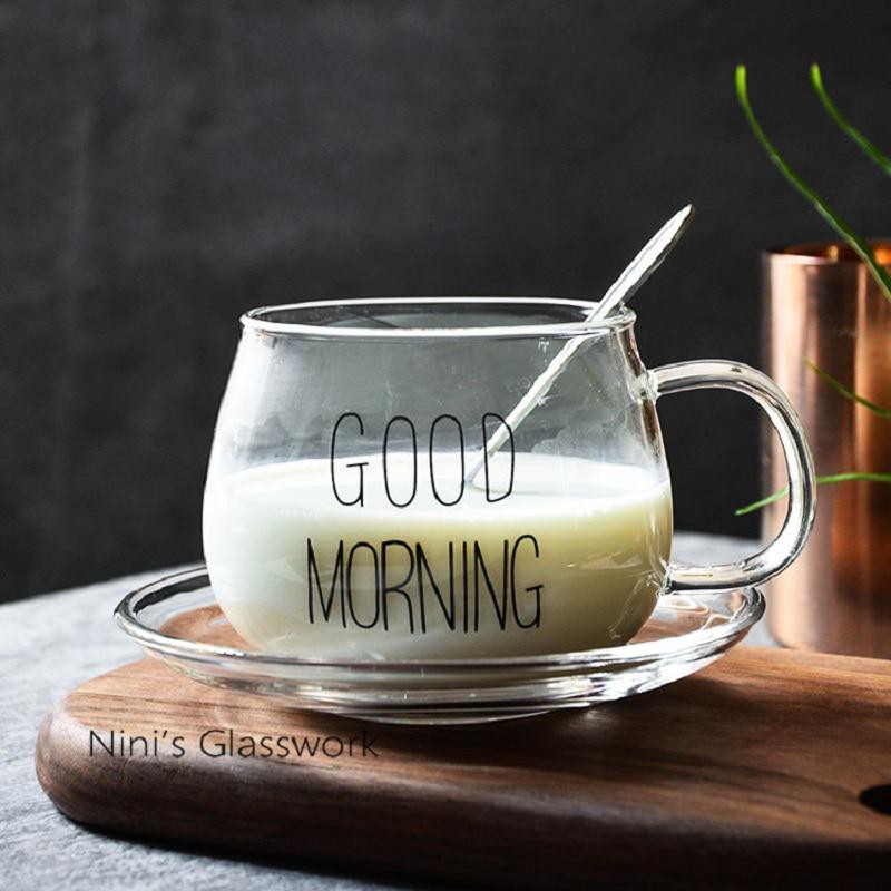 Cangkir Kopi Glass Coffee Mug Good Morning 350ml - 9H8D - Transparent